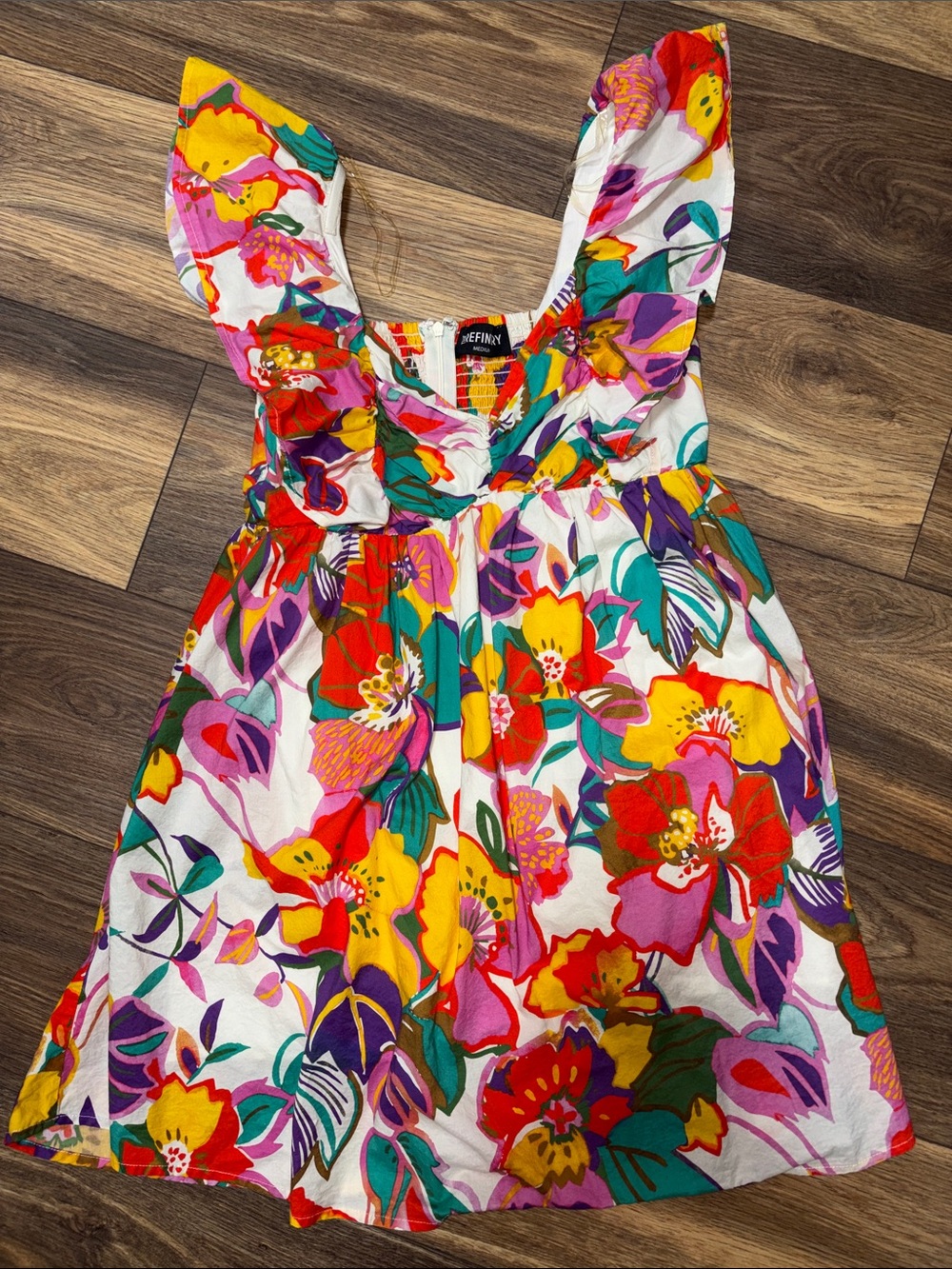 Boutique Colorful Floral Ruffle-Shoulder Dress